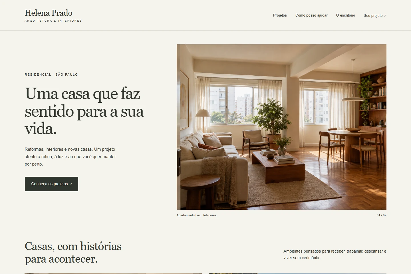 Site Helena Prado Arquitetura, com apartamento, portfólio e contato
